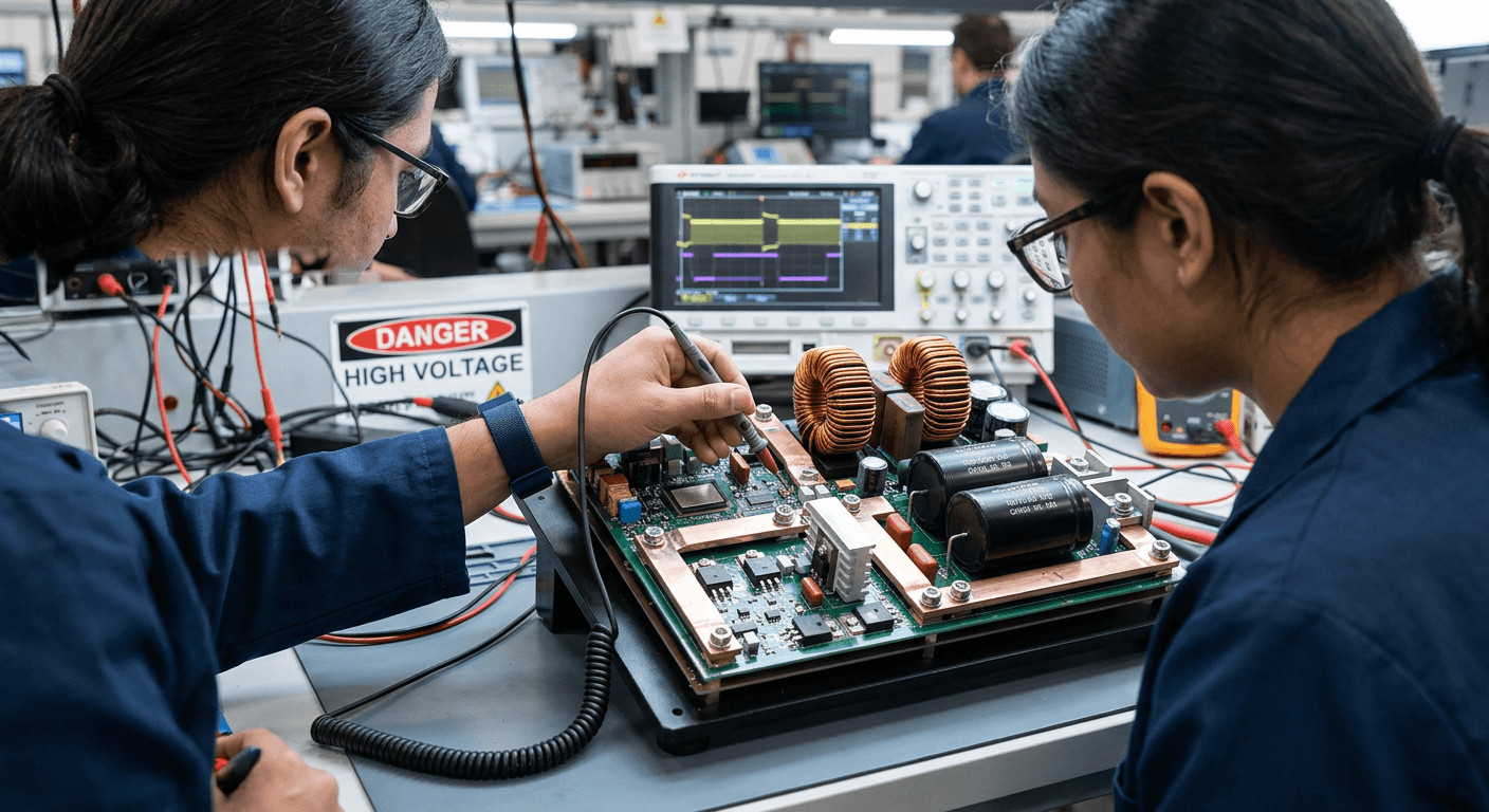 Electrical engineer inspecting a high power density BESS printed circuit board featuring custom buck-boost converters.