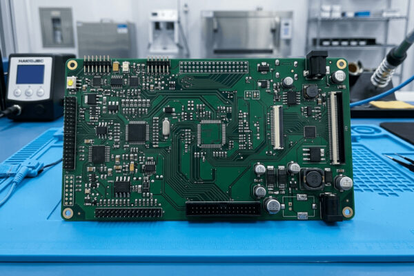 A high reliability PCB fabrication prototype being inspected in a cleanroom after successful turnkey assembly.