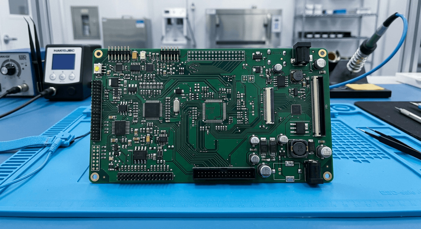 A high reliability PCB fabrication prototype being inspected in a cleanroom after successful turnkey assembly.

