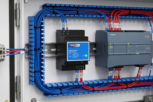 High efficiency 24V DIN rail power supply mounted in an industrial control panel powering a PLC system