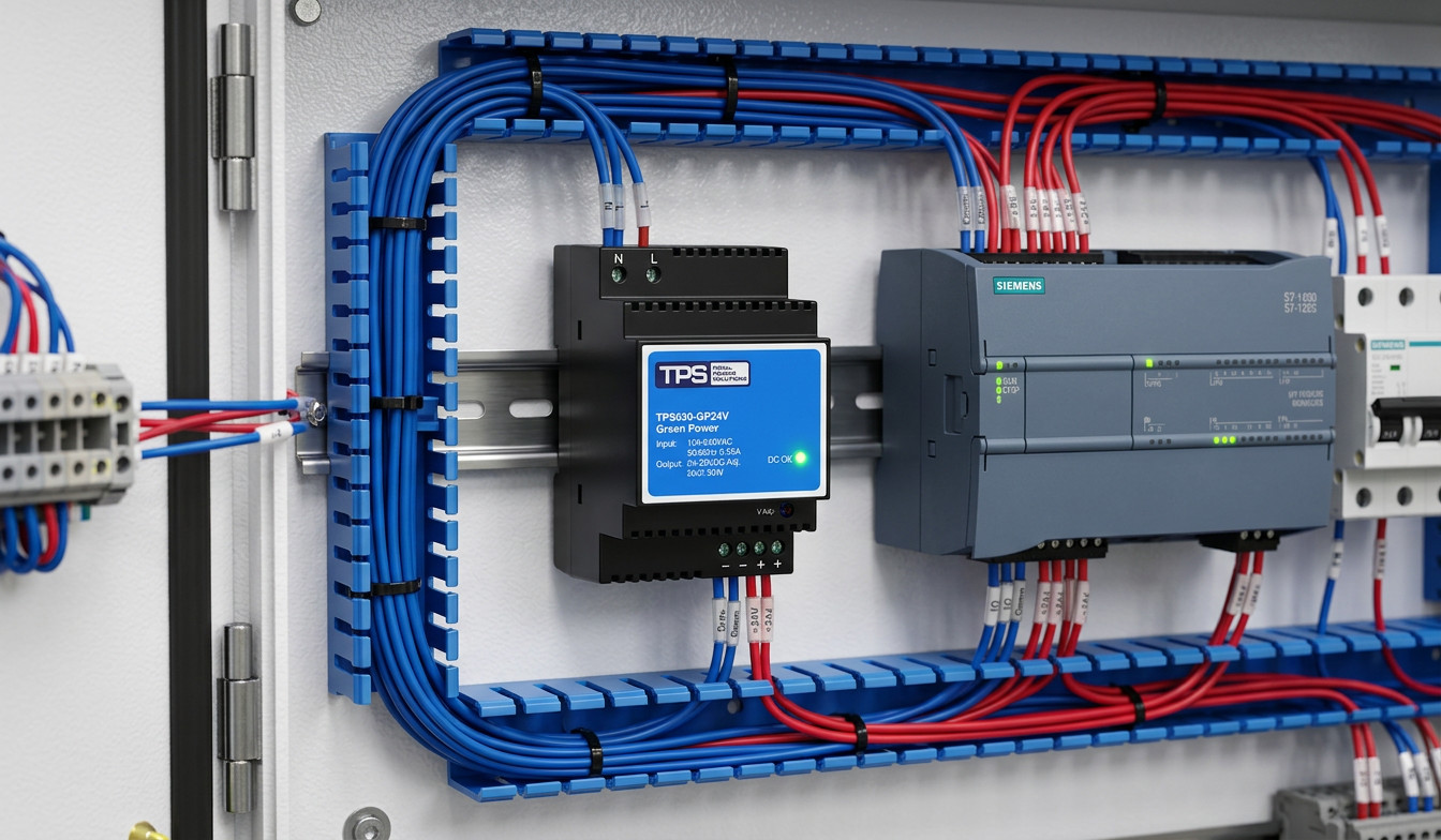 High efficiency 24V DIN rail power supply mounted in an industrial control panel powering a PLC system
