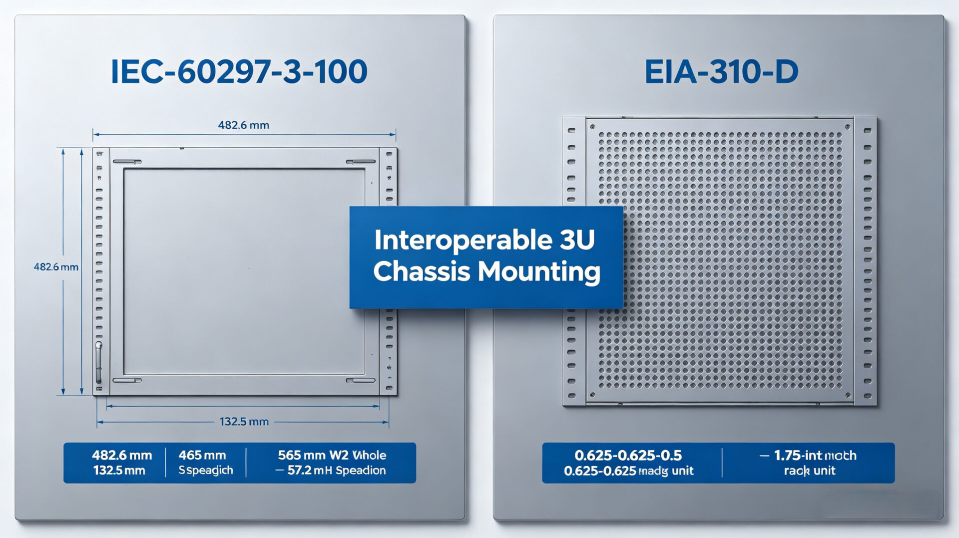 IEC 60297-3-100 and EIA-310-D 3U Rack Mount Chassis Dimensions InfographicIEC 60297-3-100 und EIA-310-D 3U Rack-Montage-Chassis Abmessungen Infografik