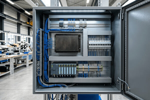 Custom power supply integrated into a mechatronic control cabinet for industrial automation.