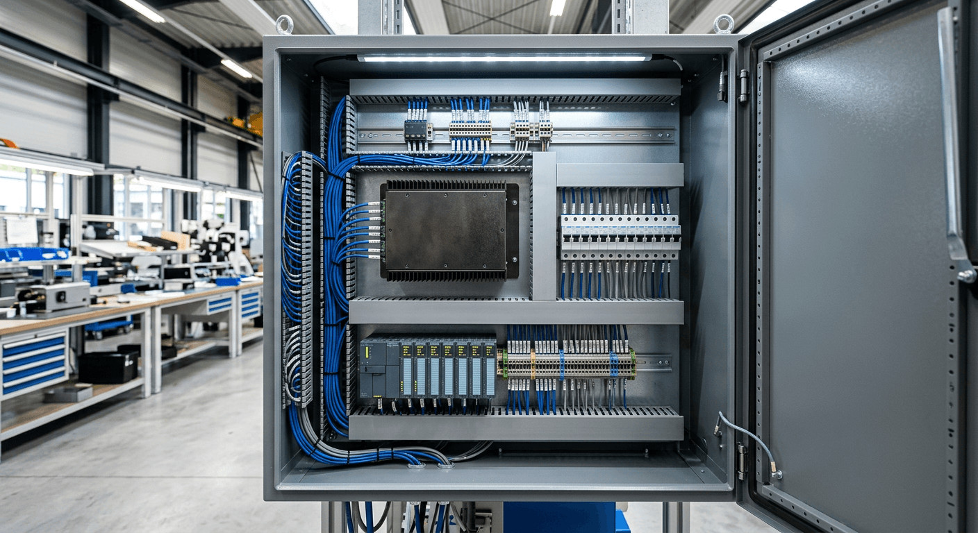 Custom power supply integrated into a mechatronic control cabinet for industrial automation.
