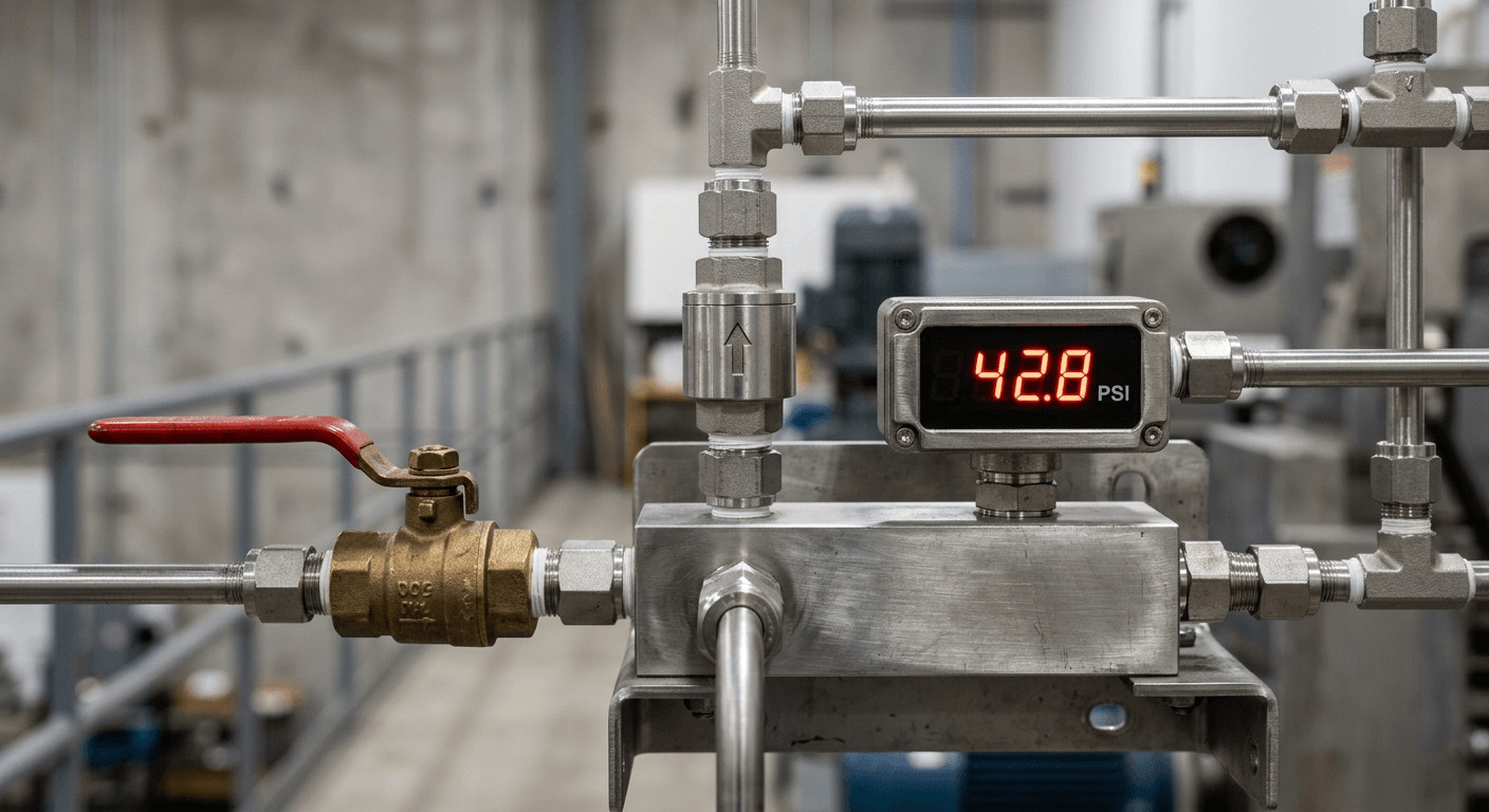 Industrial fluid control system showing a check non return valve, valves ball valve, and pressure sensor. Industrielles Fluidkontrollsystem mit einem Rückschlagventil, Kugelhahn und Drucksensor.