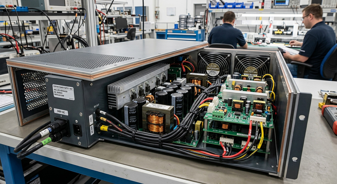 Inside view of a 15U 19 inch cabinet showing ABB breakers, FINDER relays, and a 4.0mm grounding copper bar.
Innenansicht eines 15U 19-Zoll-Schranks mit ABB-Schutzschaltern, FINDER-Relais und einer 4,0-mm-Erdungskupferschiene.