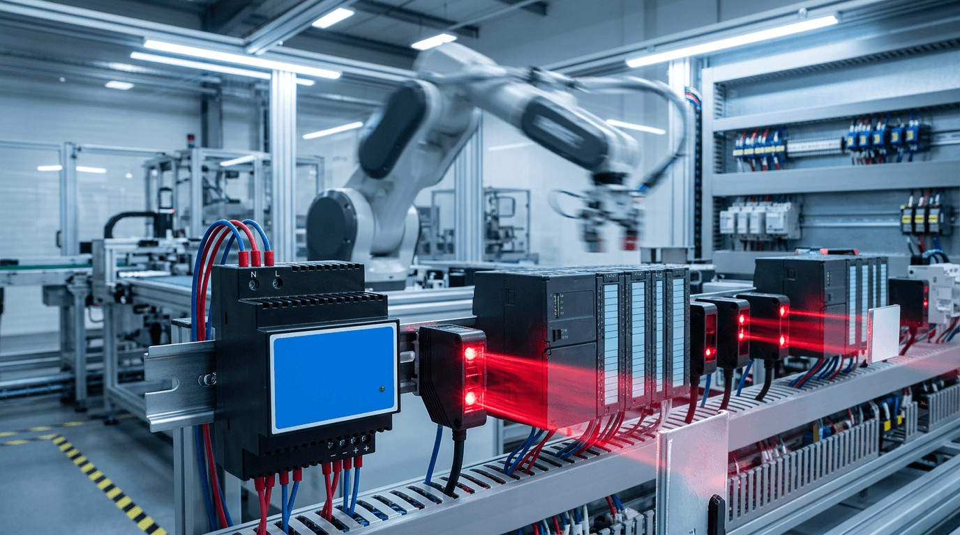 Machine automation DIN rail power supply providing stable 24V DC power to PLCs and industrial sensors.