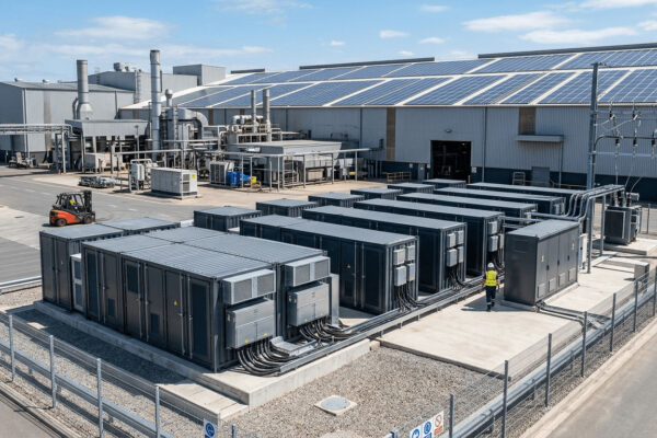 A modular commercial battery energy storage system (BESS) installed outside an industrial facility for peak shaving and demand charge reduction.