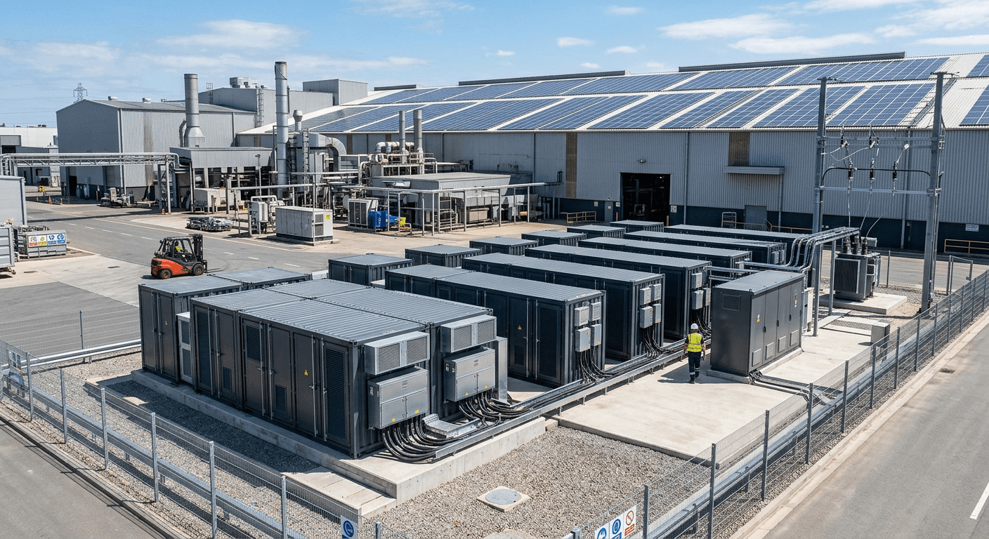 A modular commercial battery energy storage system (BESS) installed outside an industrial facility for peak shaving and demand charge reduction.