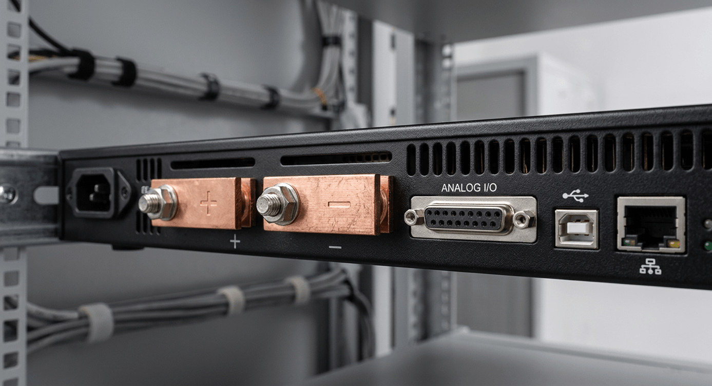 Rear view of a modular programmable power supply highlighting galvanically isolated analog and digital interfaces including USB and Ethernet.
