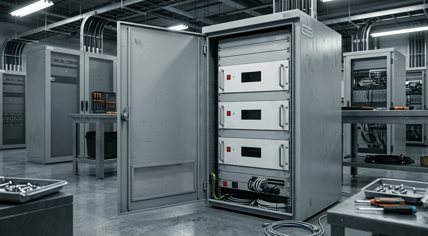 Multiple custom 19 inch chassis installed inside a robust 15U industrial cabinet.
Mehrere Custom 19 Zoll Chassis installiert in einem robusten 15U Industrieschrank.