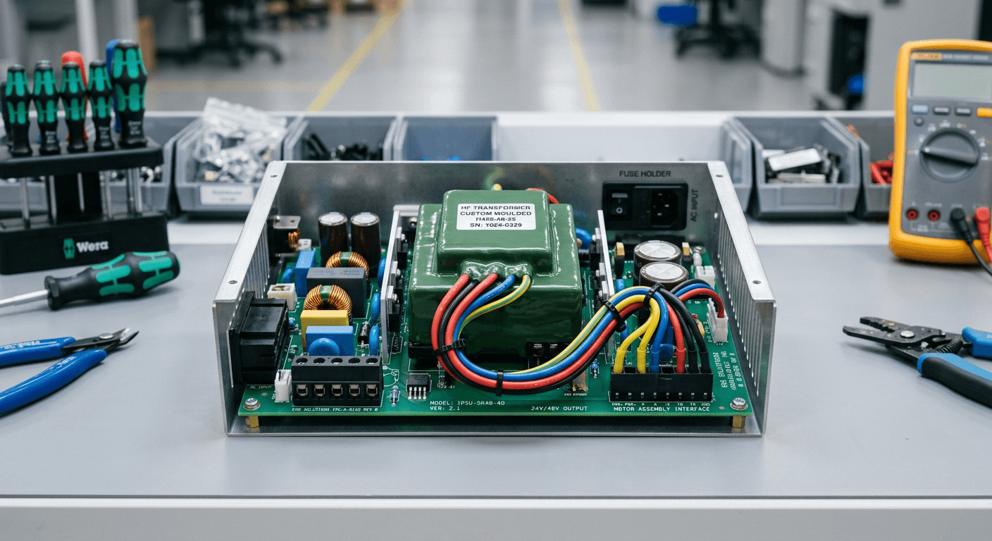 Fully overmoulded high frequency transformer integrated into a robust electric assembly for motor drives.
