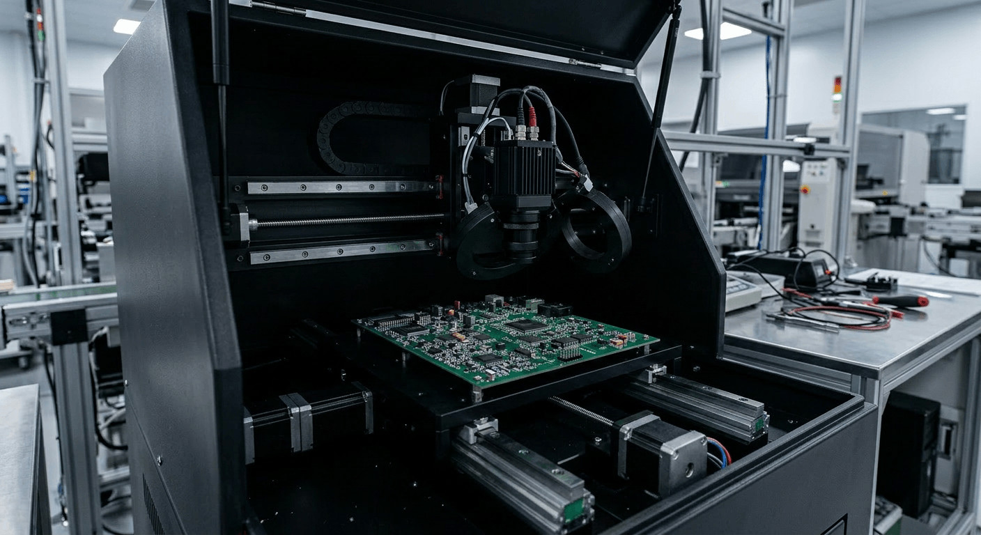 Automated Optical Inspection (AOI) machine verifying solder joints in industrial PCB assembly.

