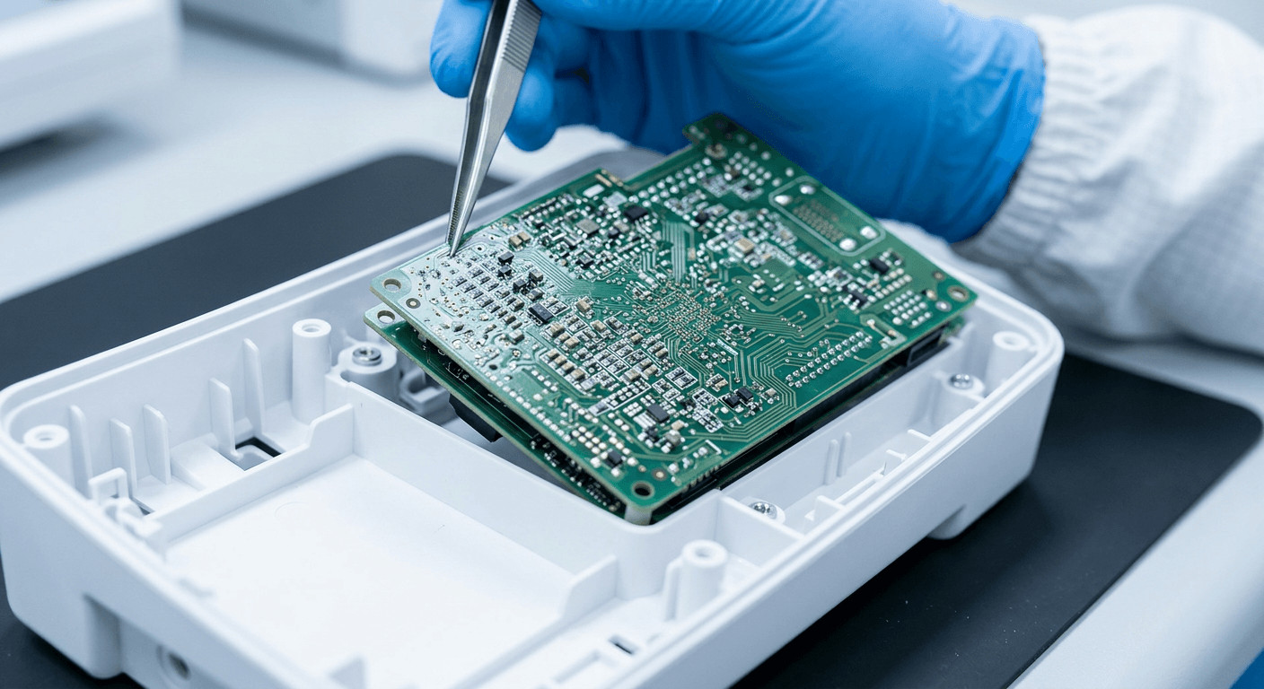 Cleanroom assembly of complex PCB electronic assembly for life-saving medical devices.
