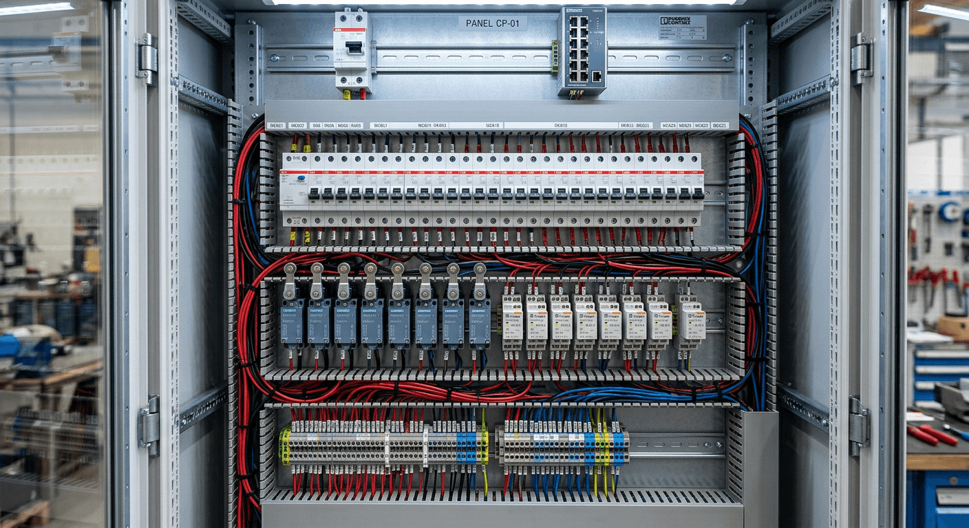 Internal view of a PLC rack enclosure featuring ABB breakers, Siemens limit switches, and FINDER relays. Innenansicht eines SPS-Rack-Gehäuses mit ABB-Schutzschaltern, Siemens-Positionsschaltern und FINDER-Relais.
