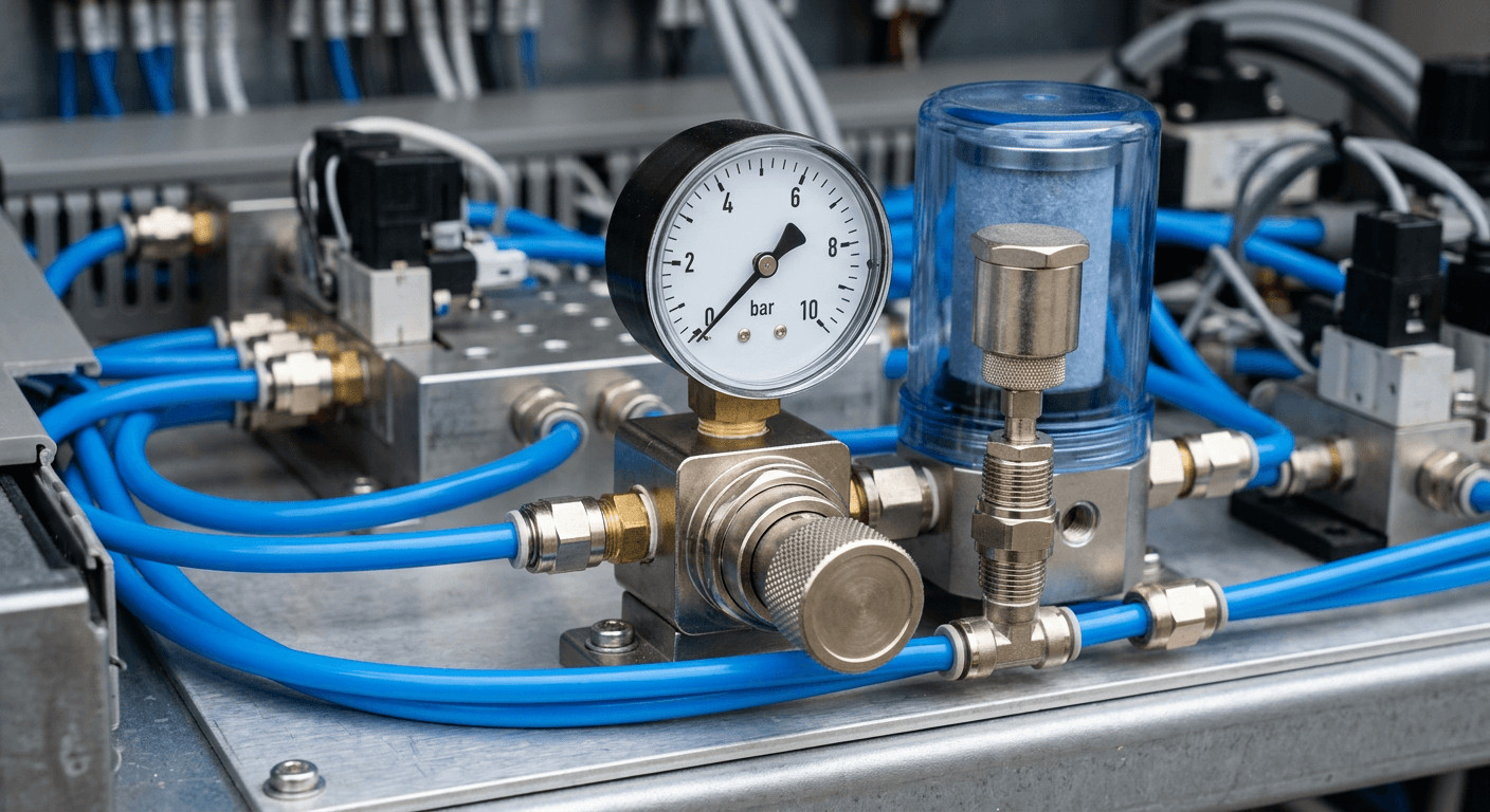 Close-up of an industrial pneumatic control panel featuring a pressure regulator, pressure gauge, and air dryer. Nahaufnahme eines industriellen pneumatischen Bedienfelds mit Druckregler, Manometer und Lufttrockner.