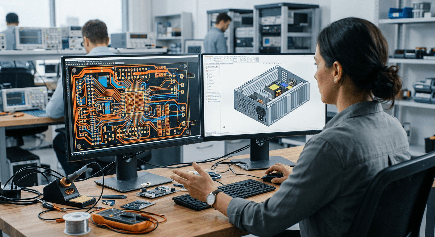 Electrical engineer reviewing a buck-boost converter design and PCB layout on a dual-monitor CAD workstation.
