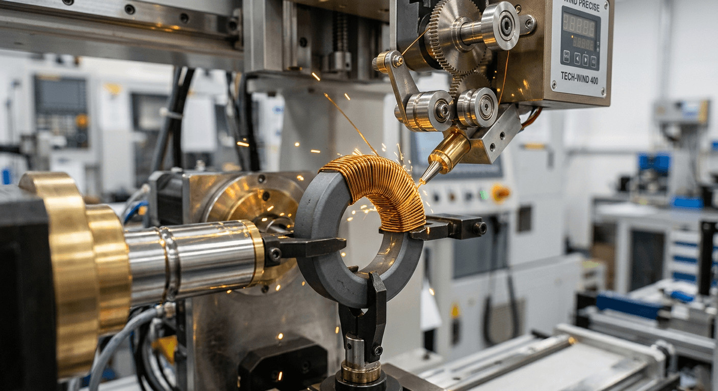 Precision CNC winding machine manufacturing a custom toroid coil with high-grade insulating wire.

