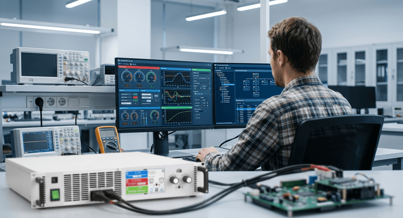 Test engineer using LabView software on a dual-monitor setup to control a multi channel programmable DC power supply.
