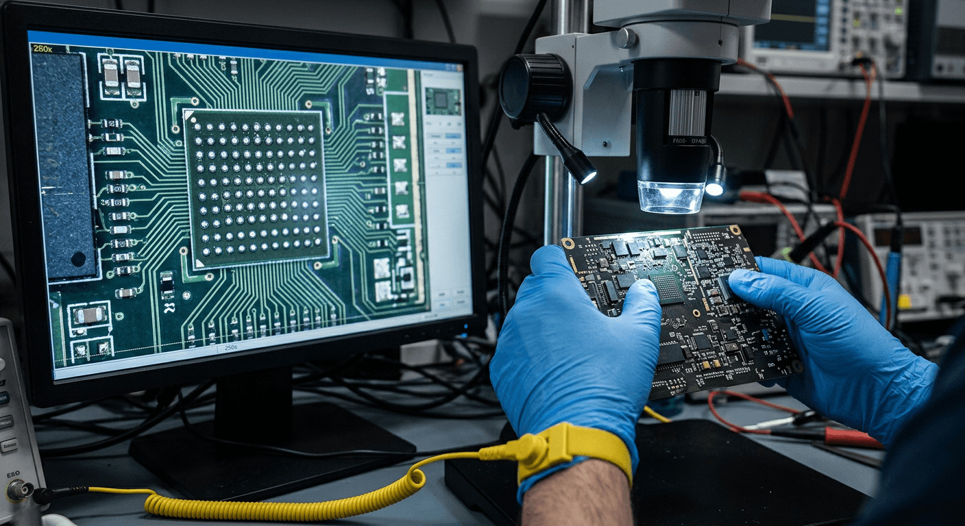 Engineer inspecting a prototype PCB assembly under a digital microscope for quality assurance.
