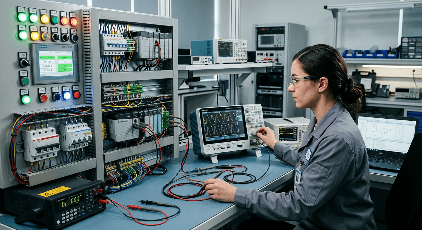 Quality assurance engineer performing functional testing on a fully assembled intelligent mechatronic system.

