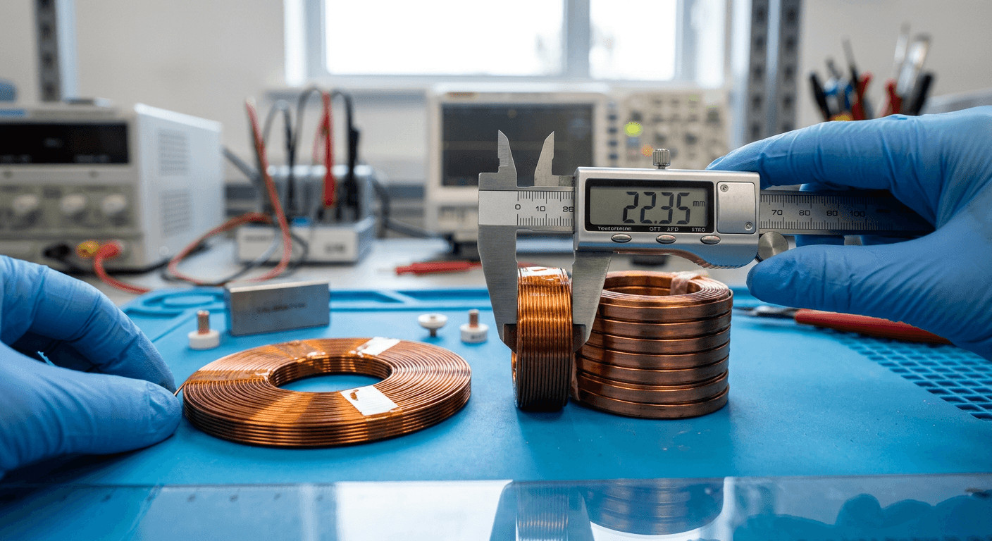 Technician inspecting a ribbon wound coil and pancake coil for high-frequency applications.
