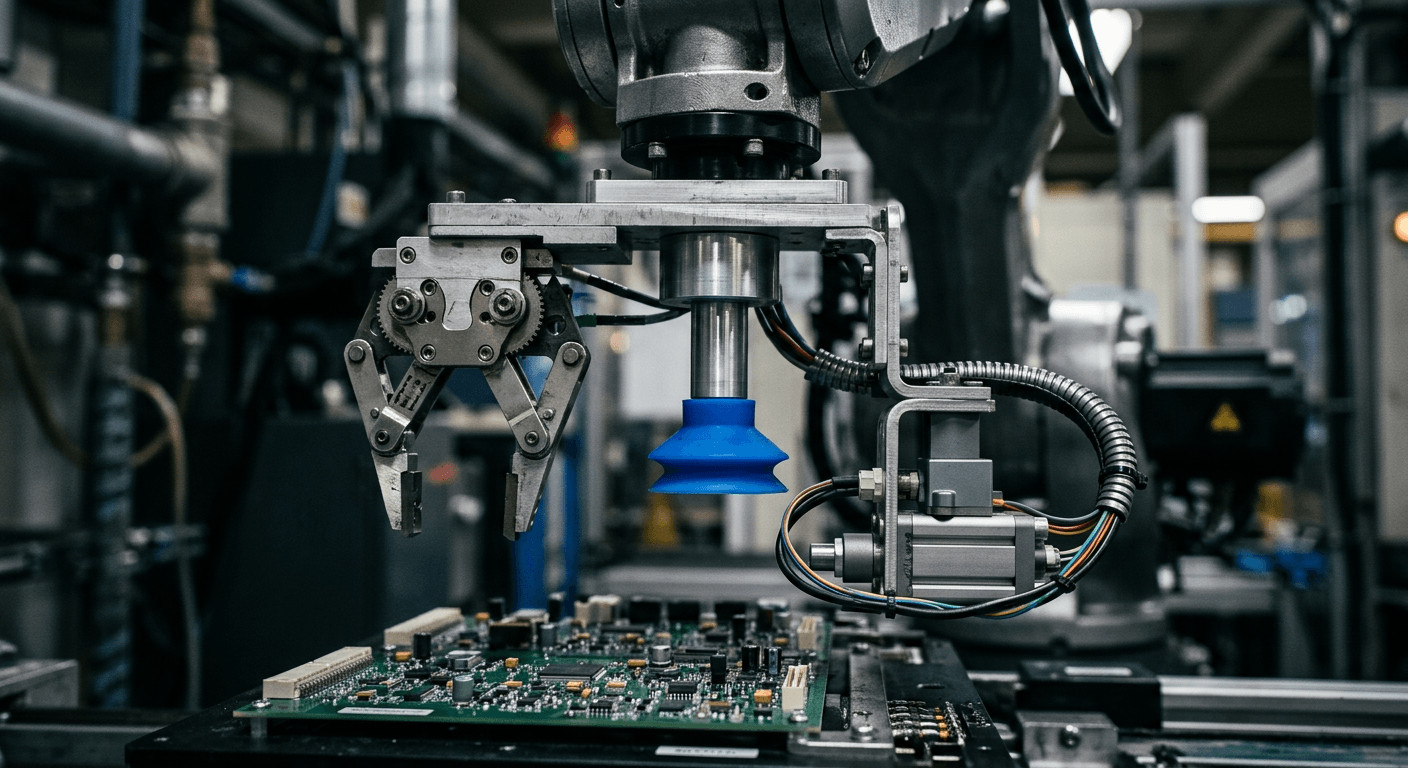 Robotic arm equipped with a precision gripper and suction cup for automated assembly. Roboterarm ausgestattet mit einem Präzisionsgreifer und Saugnapf für die automatisierte Montage.