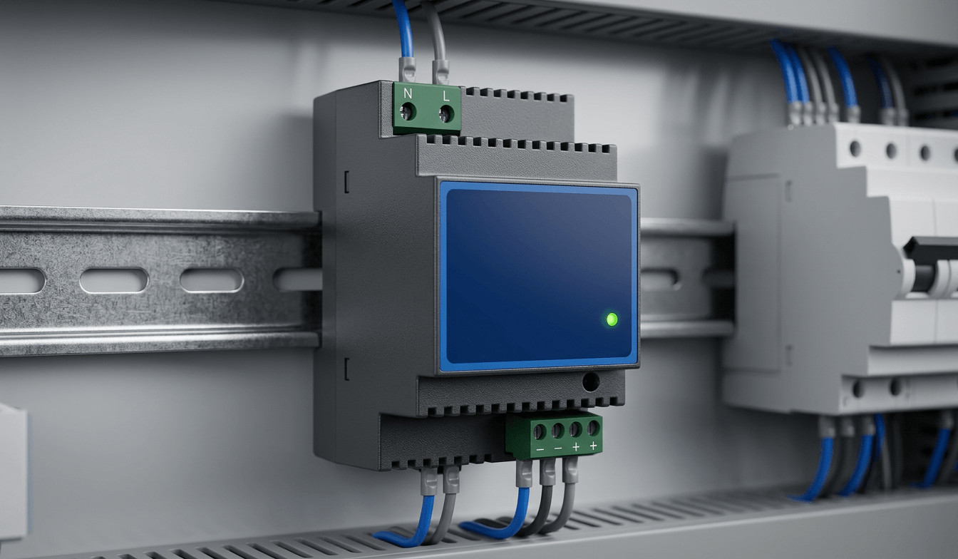 Slim Industrial DIN Rail Power Supply in Control Cabinet