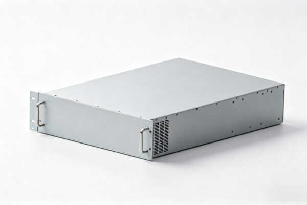 TPS 3U Chassis Front Isometric View – IEC 60297 Rack Mount ATX Power Supply EnclosureTPS 3U-Chassis Frontansicht – IEC 60297 Rack-Montage ATX-Netzteilgehäuse