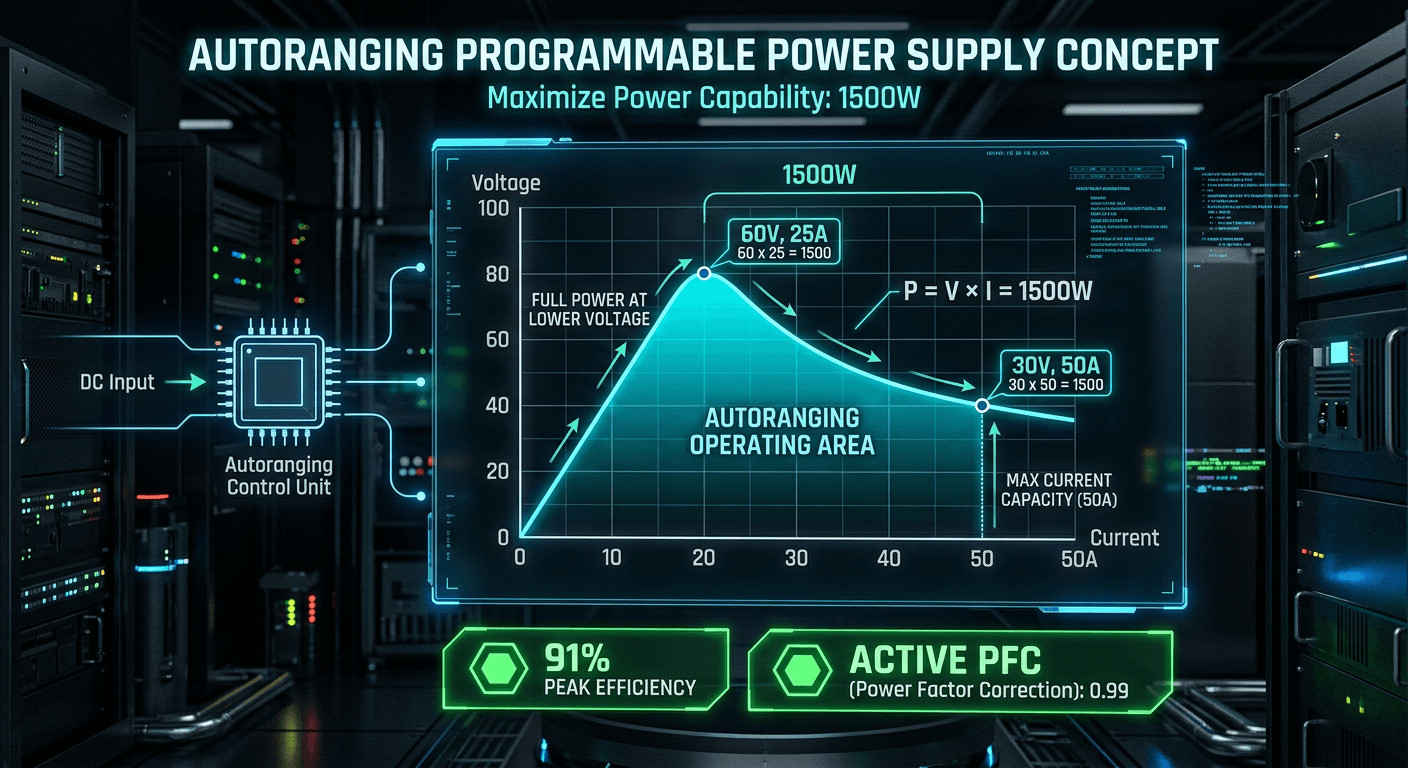 Technical graph showing the autoranging curve, 91% efficiency, and Active PFC of a 1500W programmable DC power source.
Technisches Diagramm, das die Autoranging-Kurve, 91% Effizienz und aktive PFC einer 1500W programmierbaren DC-Stromquelle zeigt.