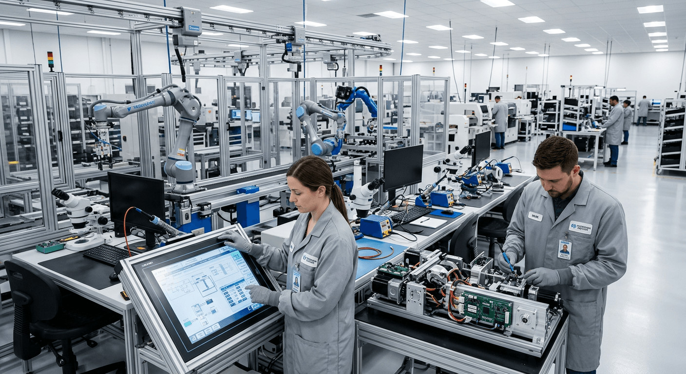 High-precision electro-mechanical assembly line for turnkey mechatronic solutions at TPS Elektronik facility.
