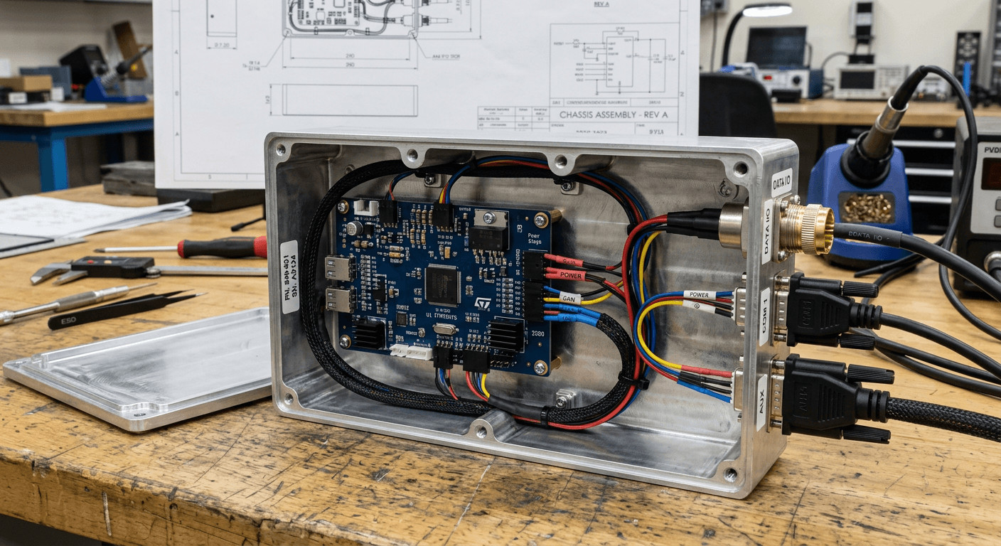 Custom cable assembly integrated seamlessly into a precision CNC milled aluminum electronic enclosure. Maßgeschneiderte Kabelkonfektionierung, nahtlos integriert in ein präzises CNC-gefrästes Aluminium-Elektronikgehäuse.