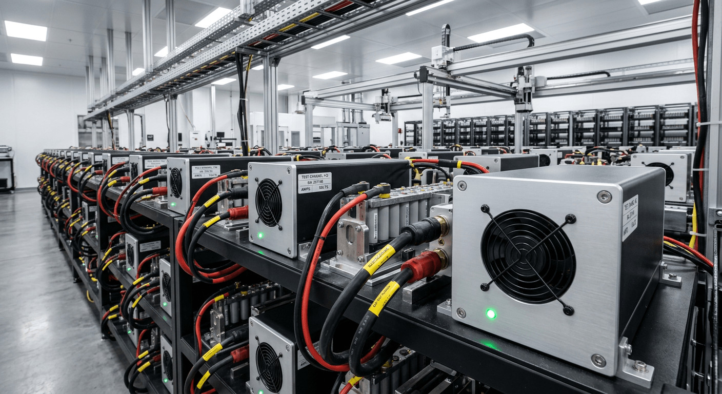 Automated battery cell formation testing facility utilizing high efficiency power modules for energy recycling.
