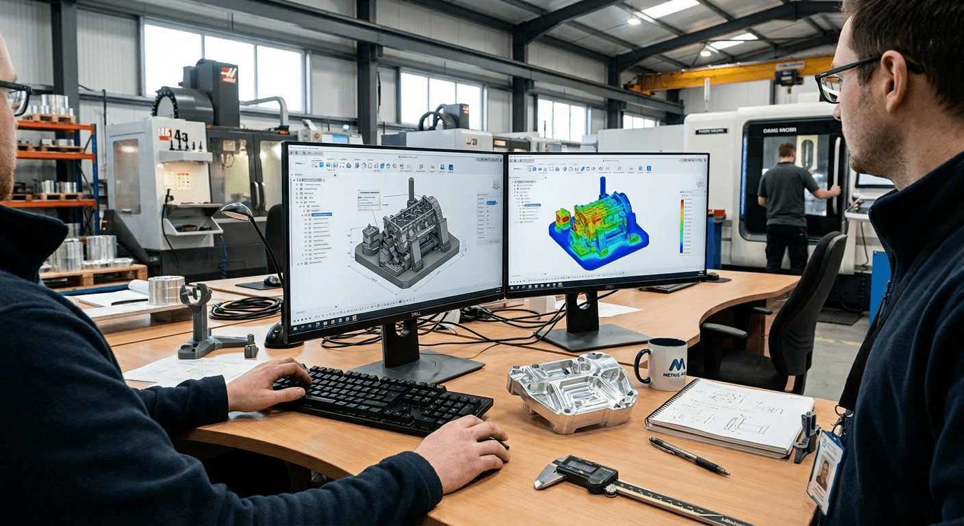 Engineer designing a CNC milling fixture on CAD software next to a prototyping CNC milled component. Ingenieur entwirft eine CNC-Fräsvorrichtung in einer CAD-Software neben einem CNC-gefrästen Prototyp-Bauteil.