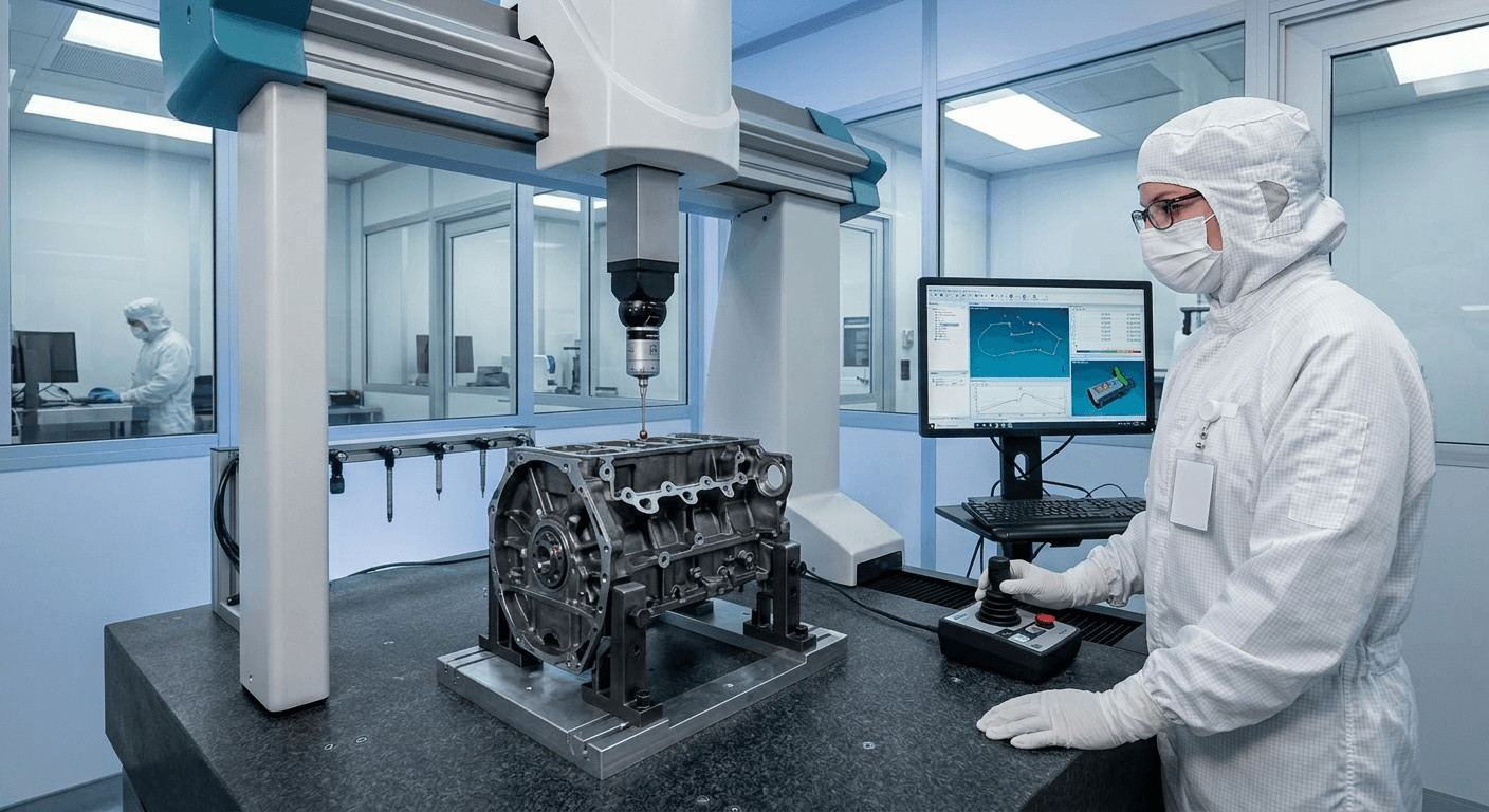 Quality control inspection of custom CNC milled metal castings for automotive applications using a CMM probe. Qualitätskontrolle von kundenspezifischen CNC-gefrästen Metallgussteilen für Automobilanwendungen mit einer KMG-Sonde.