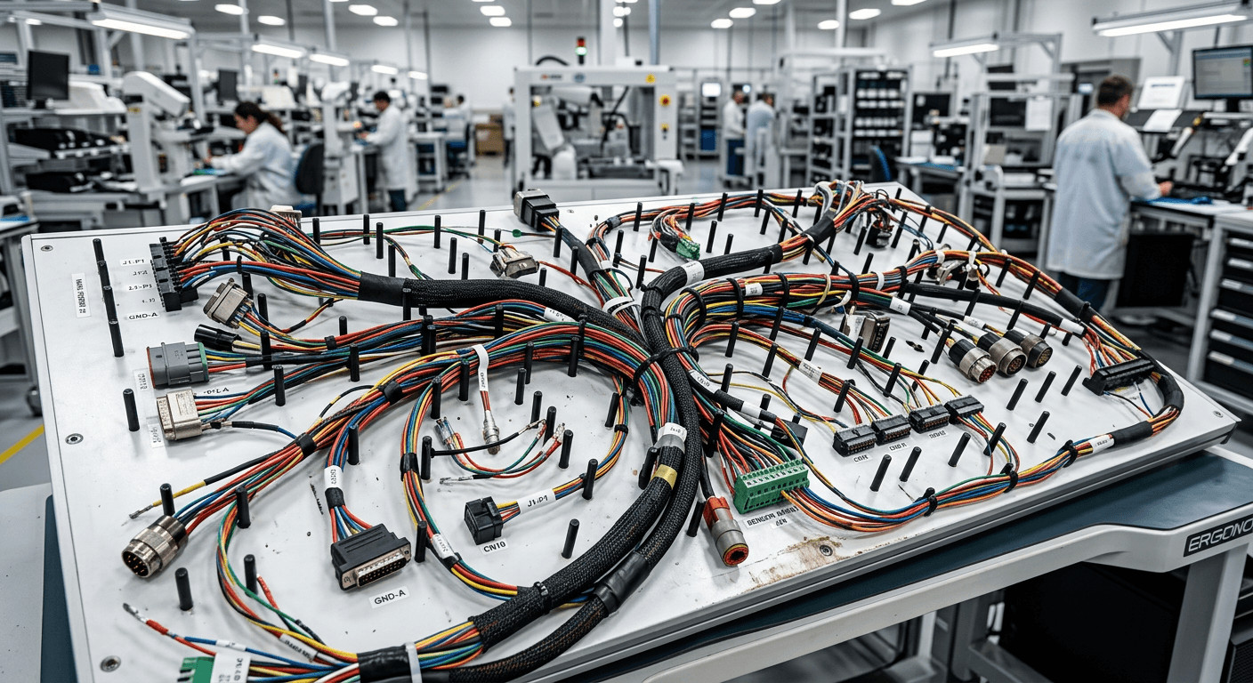 Complex industrial wire harness on a testing board showcasing custom cable assembly services. Complex industrial wire harness on a testing board showcasing custom cable assembly services.