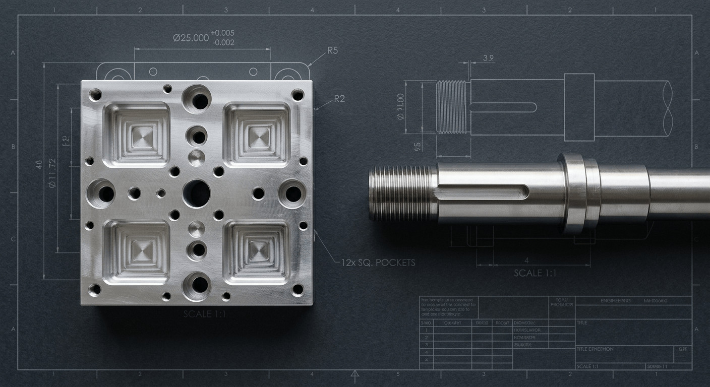 Comparison of custom CNC milled components and CNC turned cylindrical parts on a blueprint background. Vergleich von kundenspezifischen CNC-Frästeilen und CNC-gedrehten zylindrischen Teilen auf einem Bauplan-Hintergrund.