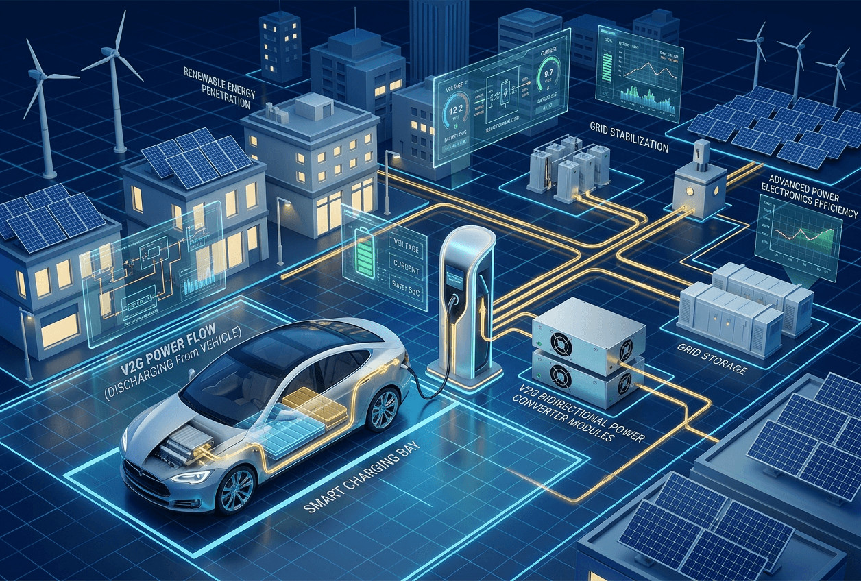Electric vehicle grid integration (V2G) concept showing bidirectional energy flow from EV to the smart grid.
