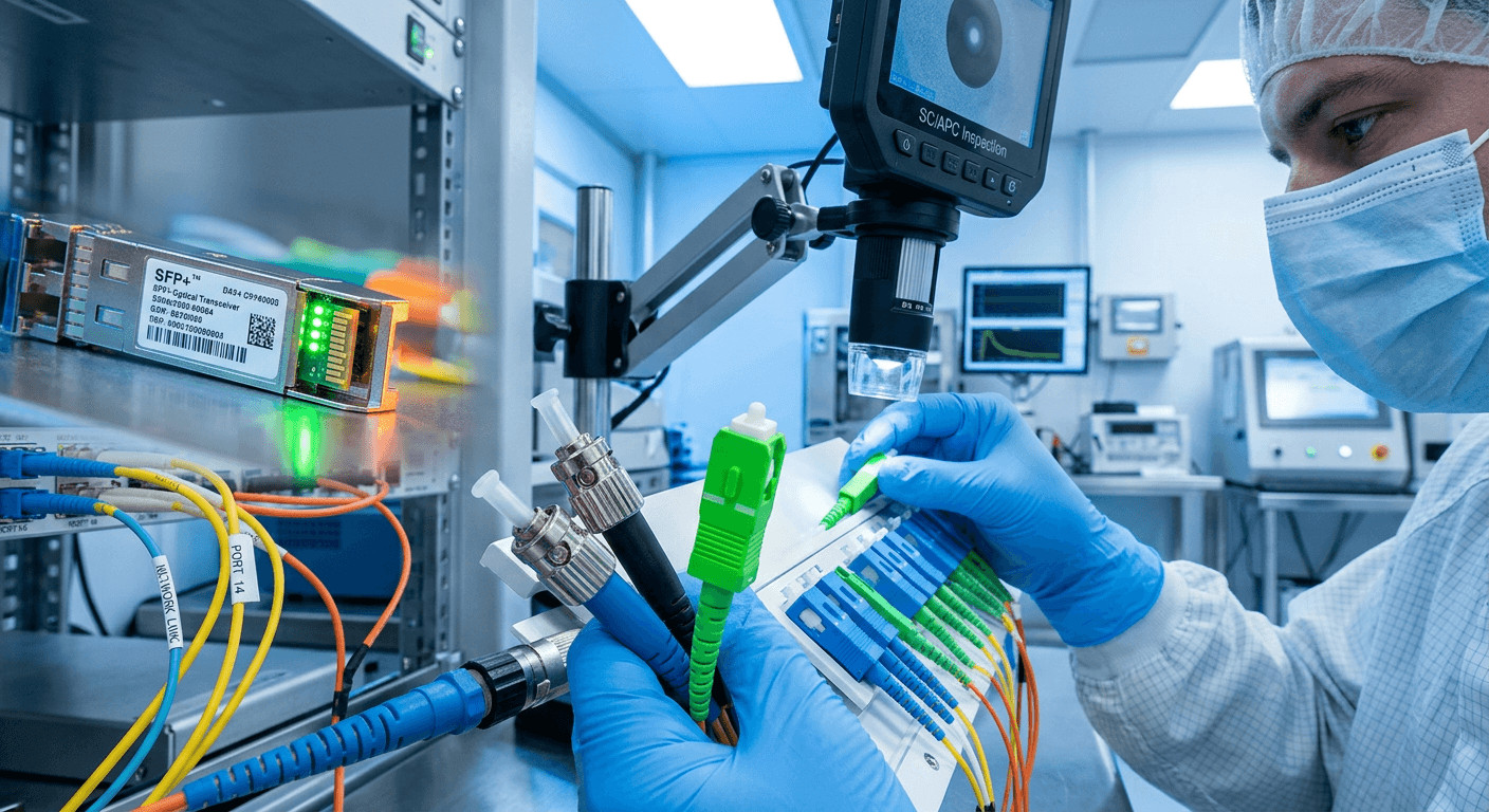 Technician inspecting fiber optic connectors including ST and SC types for high-speed data transmission. Techniker inspiziert Glasfasersteckverbinder einschließlich ST- und SC-Typen für die Hochgeschwindigkeits-Datenübertragung.