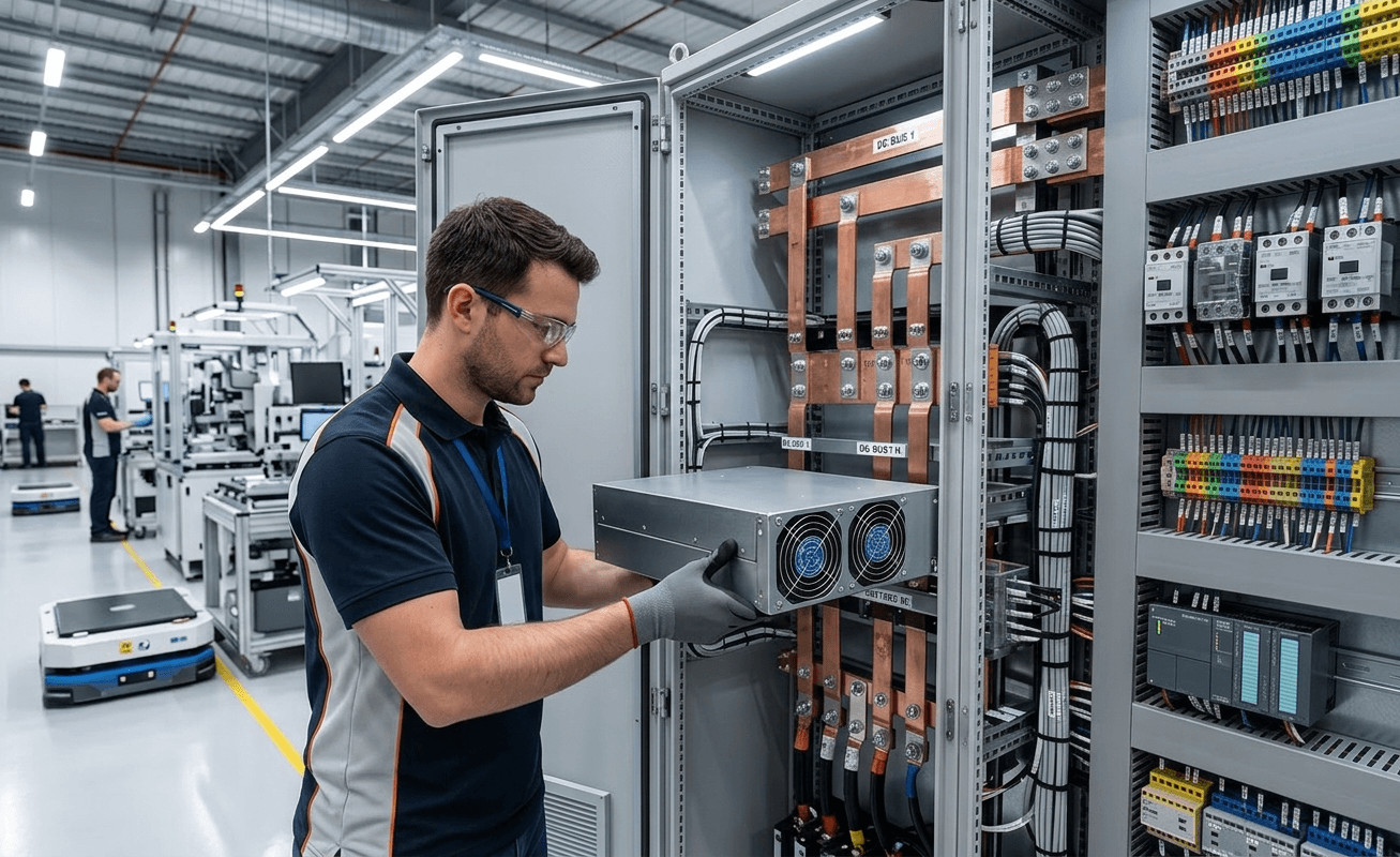 Electrical engineer integrating a modular bidirectional power supply into an industrial control cabinet. Elektroingenieur integriert eine modulare bidirektionale Stromversorgung in einen industriellen Schaltschrank.