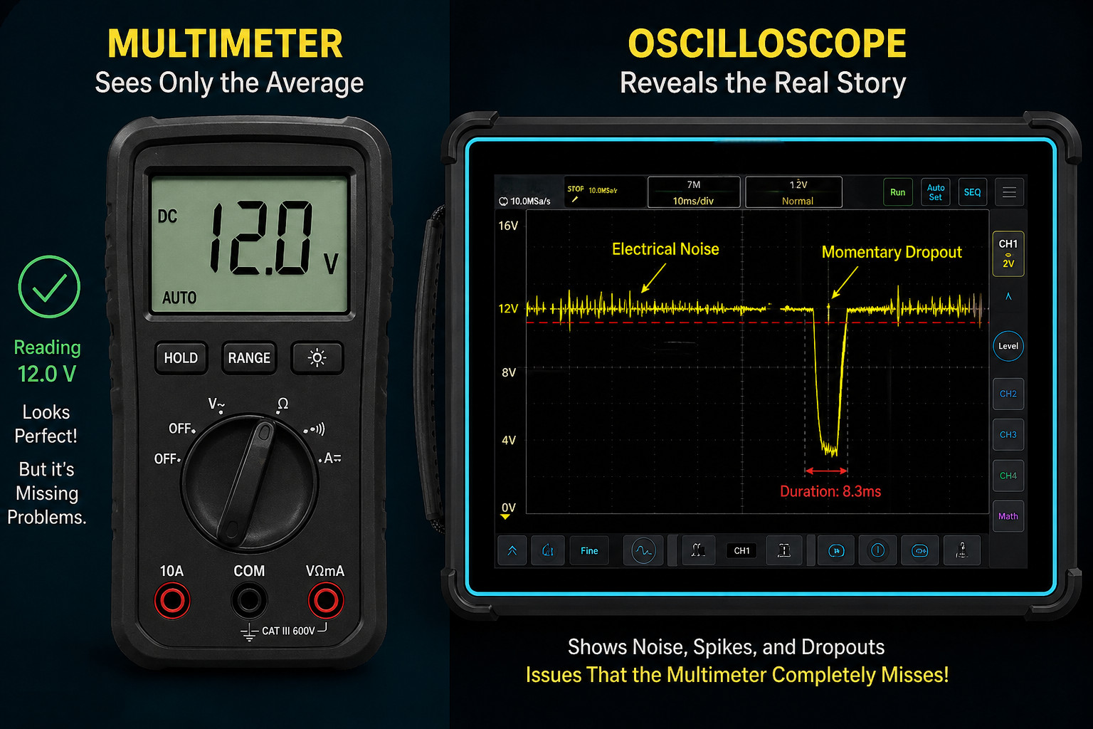 Das Multimeter sieht den Durchschnitt. Das Oszilloskop sieht die Wahrheit.