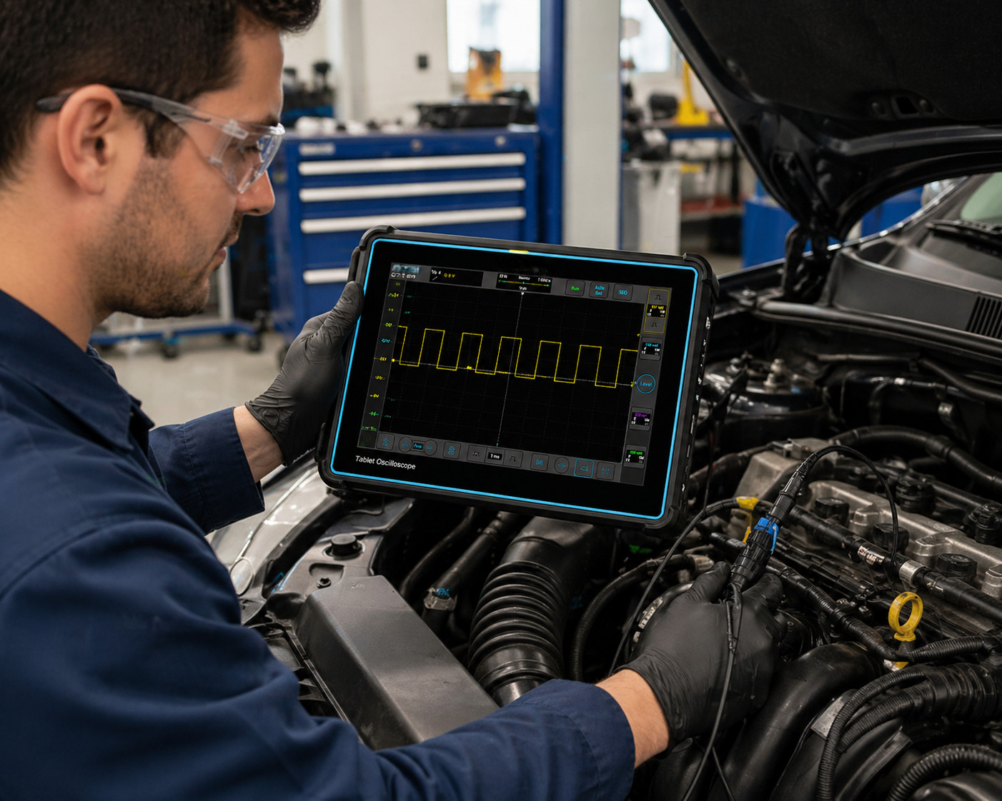 Ein Auto-Oszilloskop, das wie ein Tablet aussieht und wie ein Kollege arbeitet