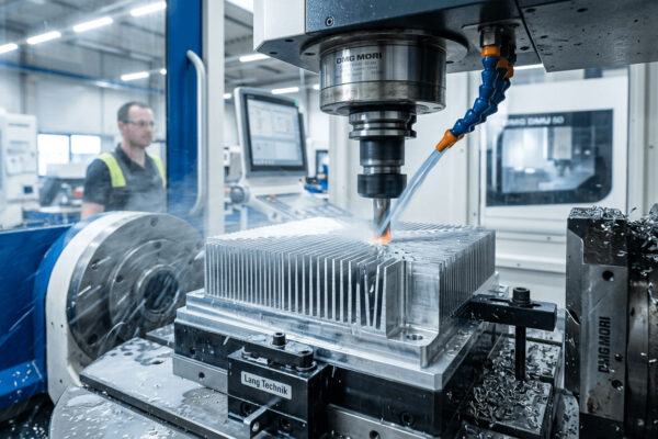 Premium 5-axis industrial CNC milling machine cutting a custom aluminum heatsink for electronic manufacturing. Hochwertige 5-Achsen-Industrie-CNC-Fräsmaschine beim Fräsen eines maßgeschneiderten Aluminium-Kühlkörpers für die Elektronikfertigung.