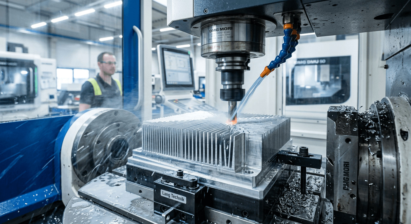 Premium 5-axis industrial CNC milling machine cutting a custom aluminum heatsink for electronic manufacturing. Hochwertige 5-Achsen-Industrie-CNC-Fräsmaschine beim Fräsen eines maßgeschneiderten Aluminium-Kühlkörpers für die Elektronikfertigung.