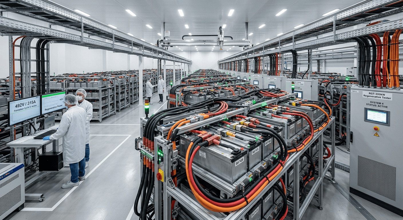Automated lithium battery formation facility utilizing a regenerative battery test system. Automatisierte Anlage zur Formierung von Lithiumbatterien mit einem regenerativen Batterietestsystem.