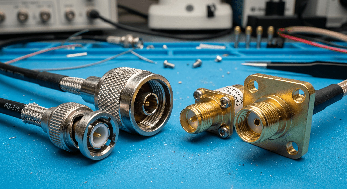 Close-up of RF cable components including BNC plug, N type connector, and SMA adapter with flange. Nahaufnahme von HF-Kabelkomponenten einschließlich BNC-Stecker, N-Typ-Stecker und SMA-Adapter mit Flansch.