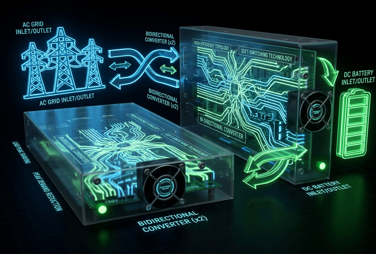3D illustration of energy flow in a soft-switched bidirectional converter between AC grid and DC battery.
