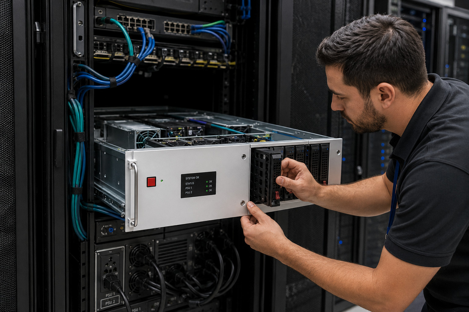 Ein Techniker führt Wartungsarbeiten an einem 4U-Rackserver in einem Rechenzentrum durch, mit einfachem Zugriff auf vordere Laufwerksschächte und Kabel.