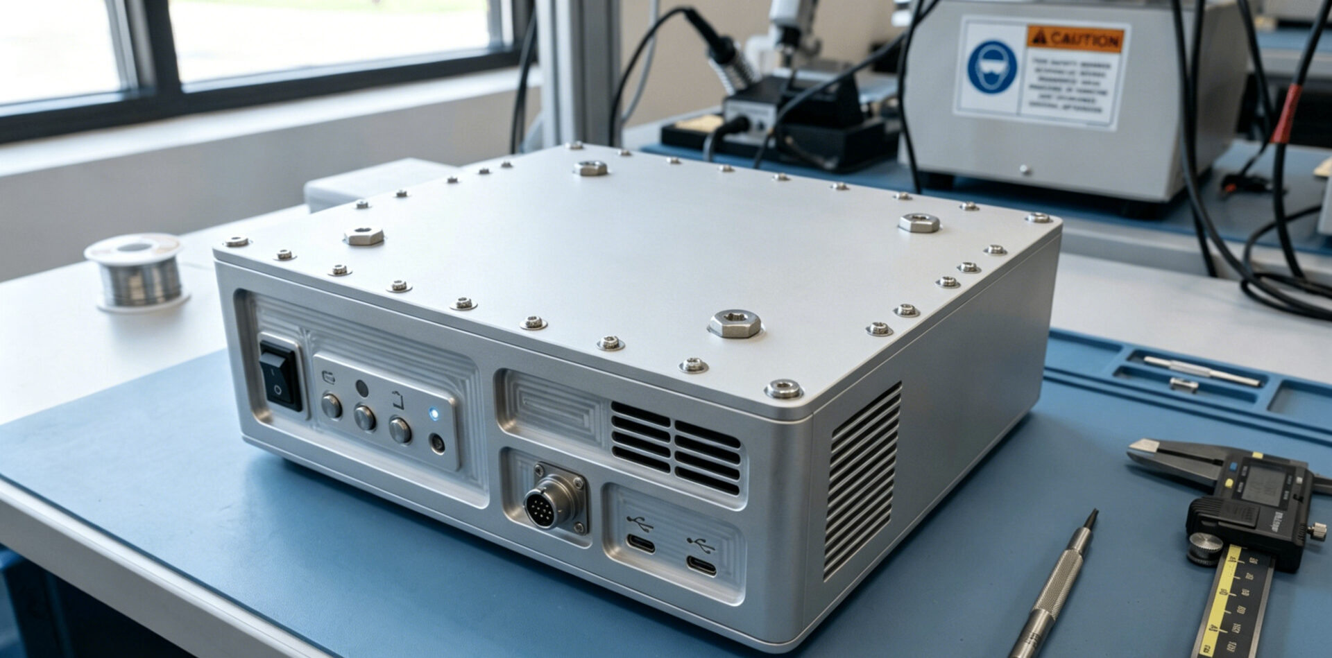 Assembled medical device enclosure with machined aluminum housing, anodized finish, and precision hardware installed Montiertes Medizintechnik-Gehäuse mit gefrästem Aluminiumgehäuse, eloxierter Oberfläche und montierter Präzisionshardware