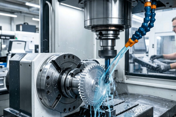 Close-up of CNC milling machine cutting gear teeth on aluminum component, cutting tool and coolant visible Nahaufnahme der CNC-Fräsmaschine beim Schneiden von Zahnrädern auf Aluminiumbauteil, Werkzeug und Kühlmittel sichtbar precision cnc machining